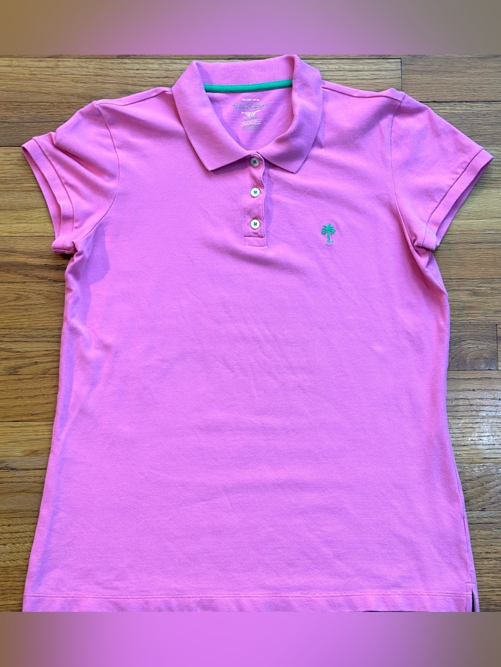 Lilly Pulitzer Large Island Polo 'Tree Pink Resort Fit' w/ Dry tech, PTP-19" EUC